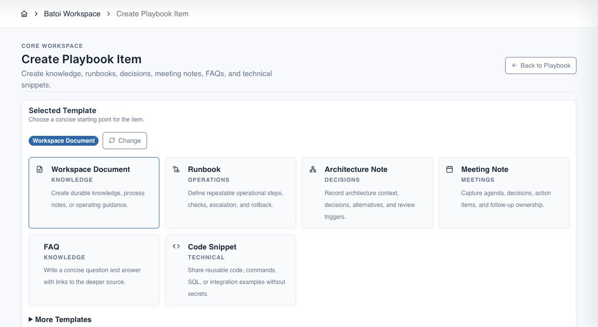 Batoi Playbook create screen showing the available knowledge item templates
