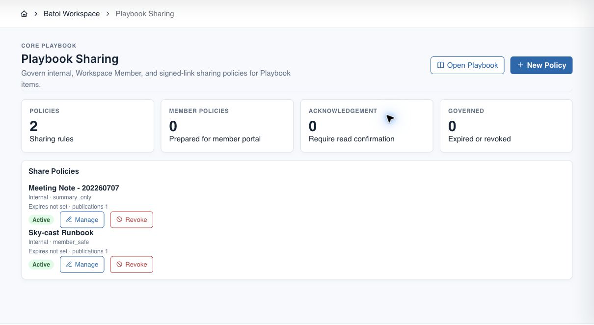 Batoi Playbook sharing screen showing policy status and governed sharing controls