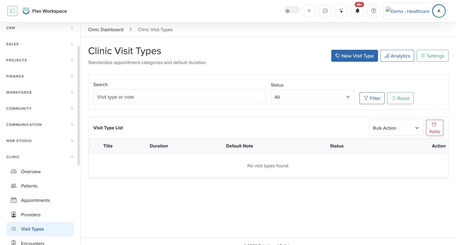 Batoi Flex Clinic Visit Types screen with duration, status, and scheduling controls