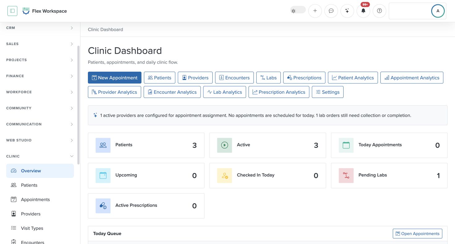 Batoi Flex Clinic dashboard showing aggregate appointment and encounter entry points