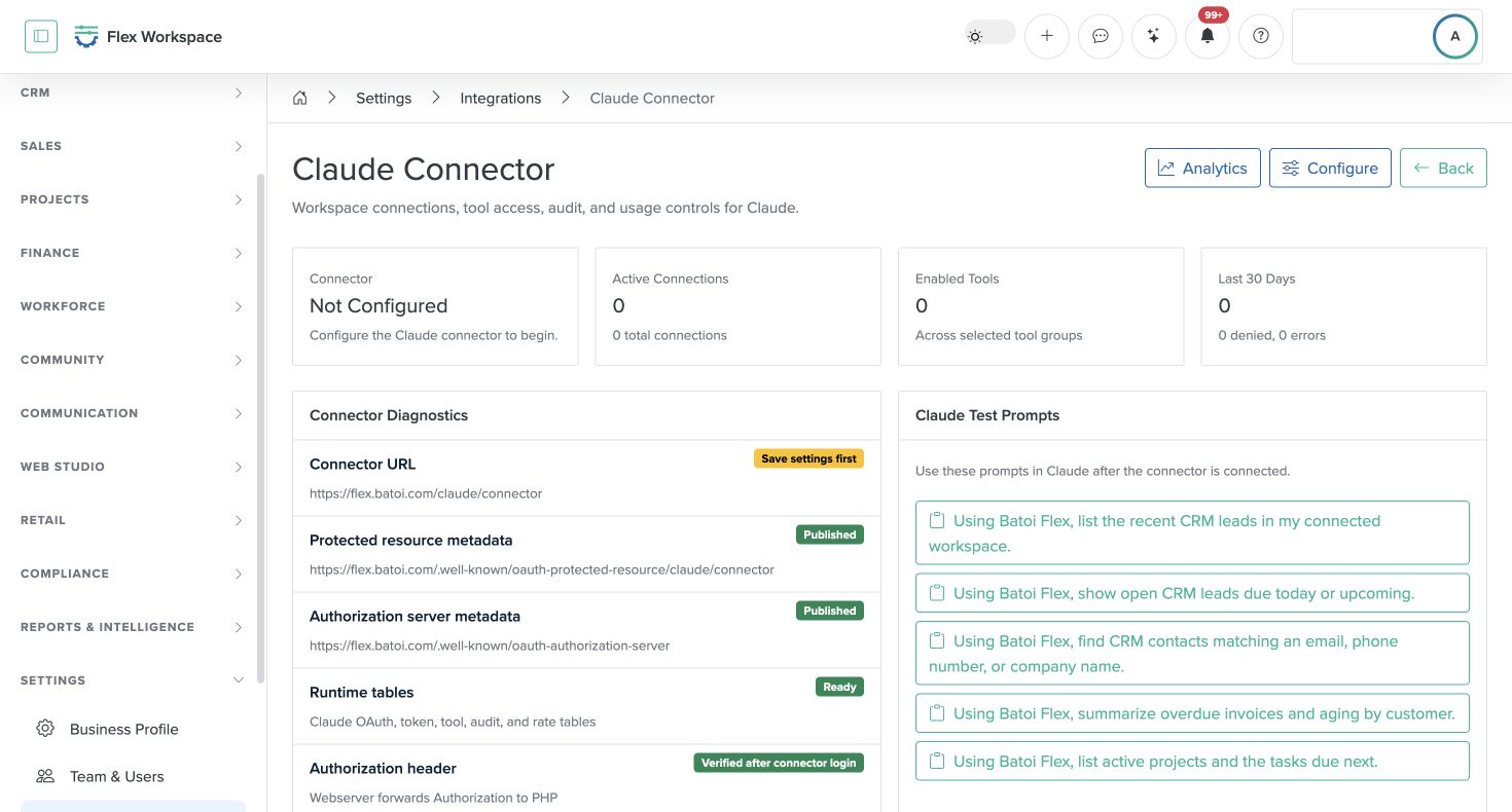 Batoi Flex Claude connector screen showing approved connection and workspace controls