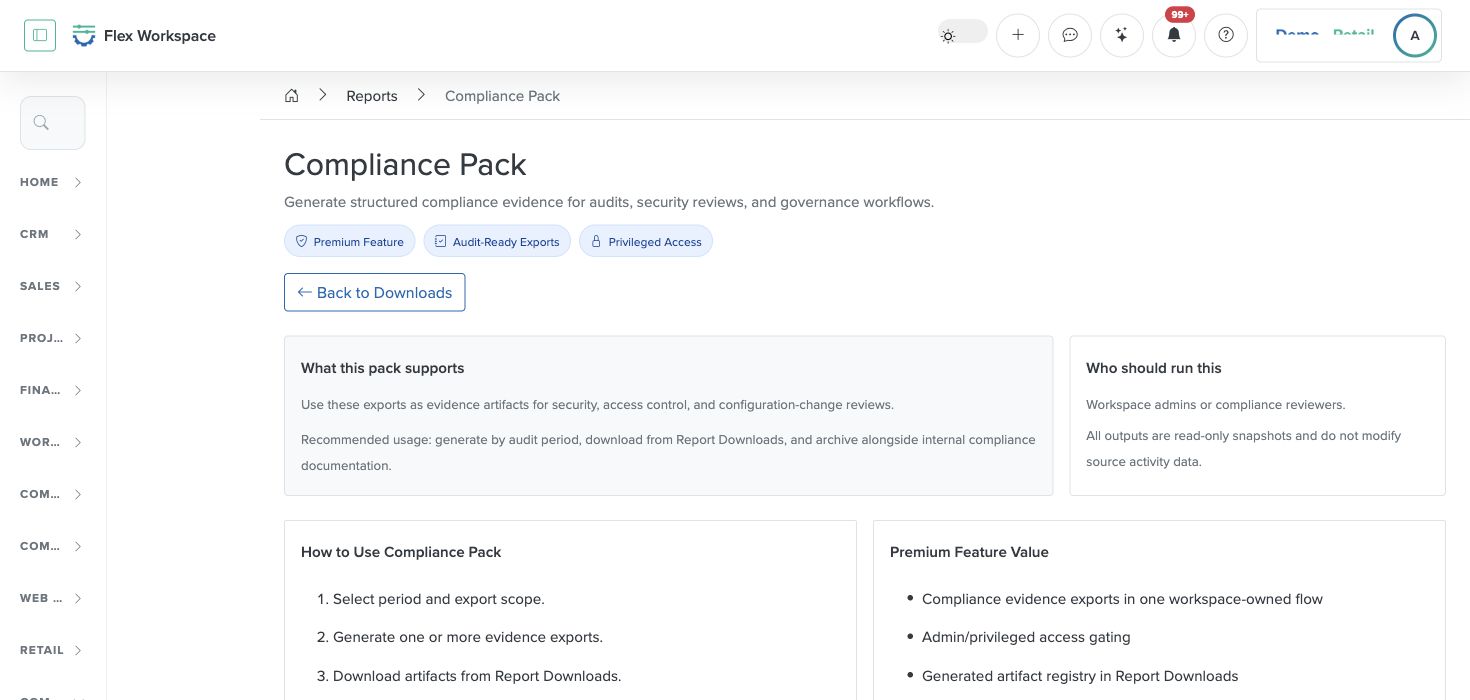 Batoi Flex Compliance Pack screen explaining supported evidence exports and privileged access