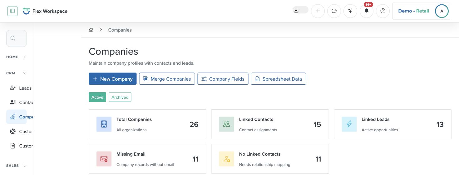 Batoi Flex Companies screen showing aggregate relationship coverage without contact details