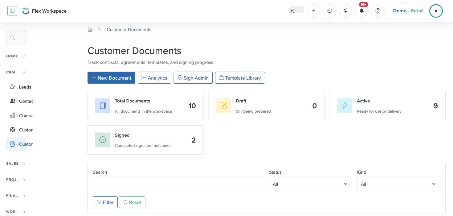Batoi Flex Customer Documents screen used to start governed signature workflows