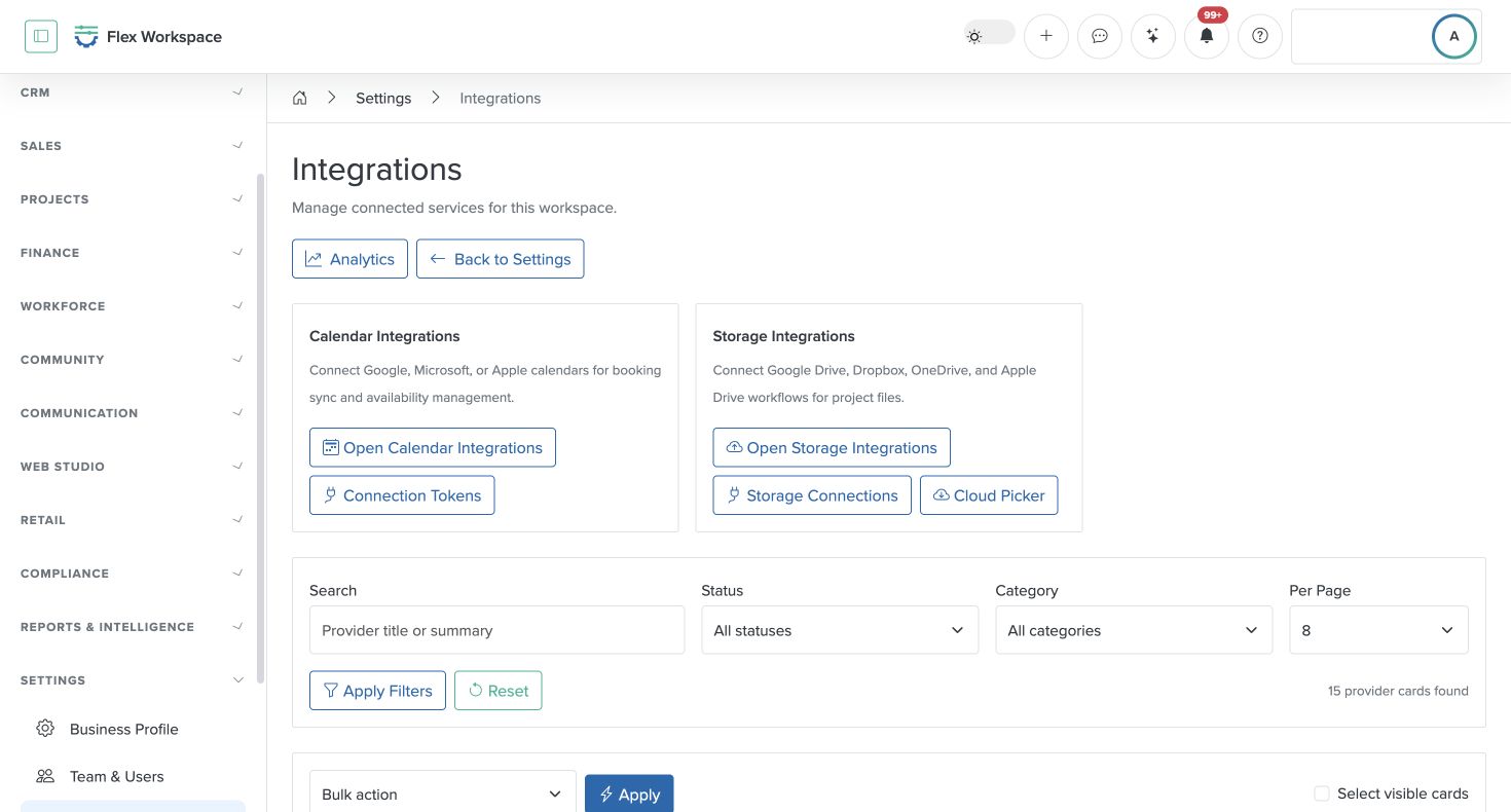 Batoi Flex Integrations screen showing provider categories and connection controls