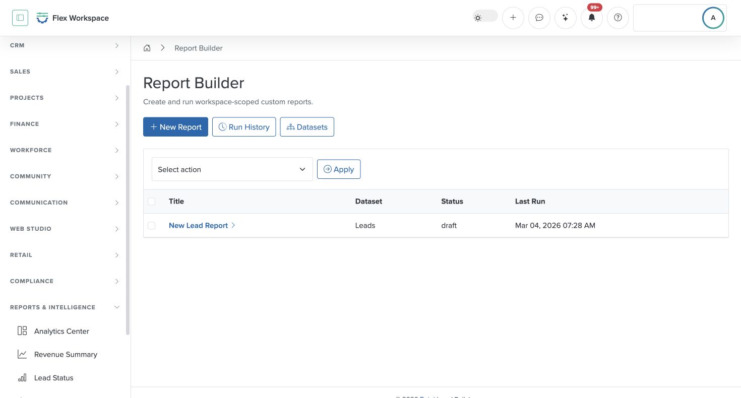 Batoi Flex Report Builder screen showing report definitions, datasets, and review controls