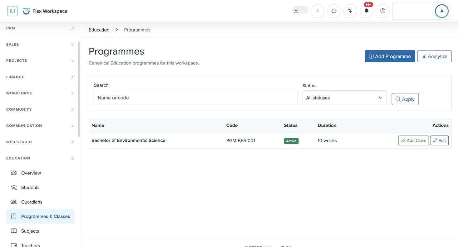 Batoi Flex Programmes and Classes screen showing academic structure and class management