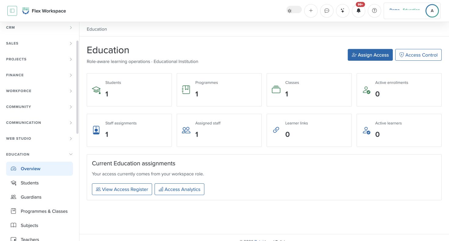 Batoi Flex Education overview showing programme, class, attendance, and academic operations