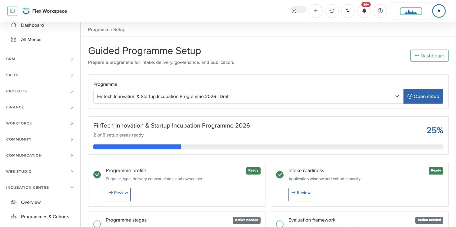 Batoi Flex guided Incubation programme setup with readiness areas and progress