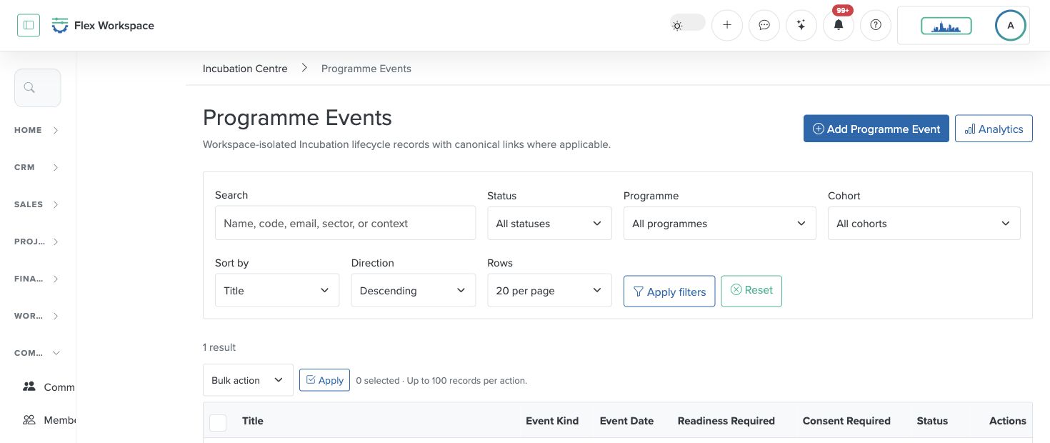 Batoi Flex Programme Events screen with event, programme, cohort, and readiness filters