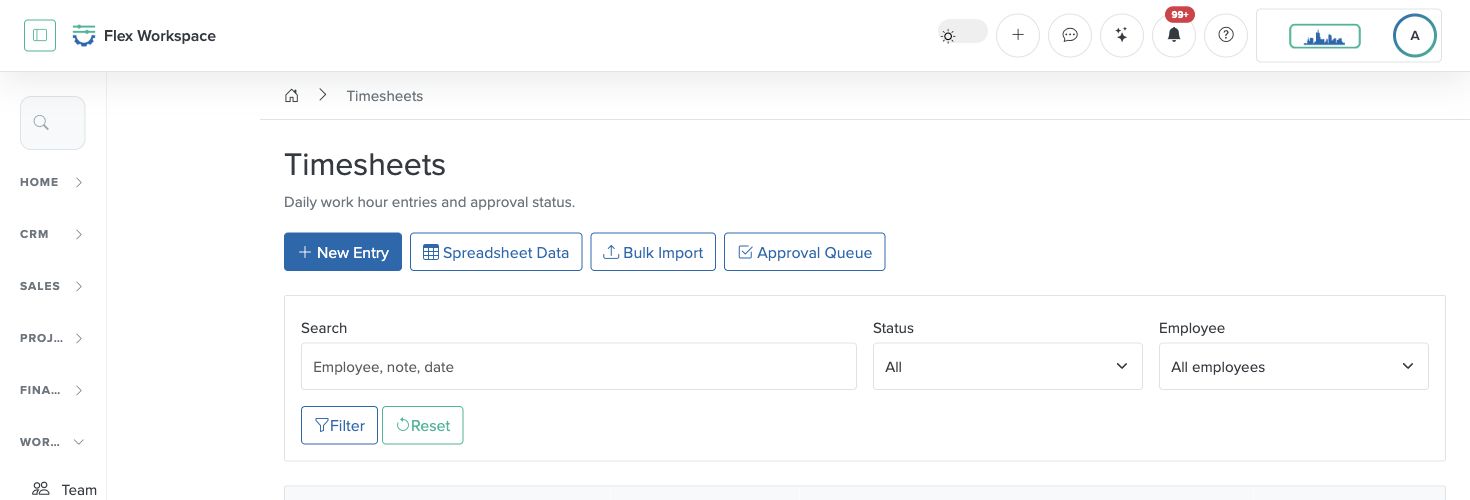 Batoi Flex Timesheets screen showing time-entry, approval, and reporting controls