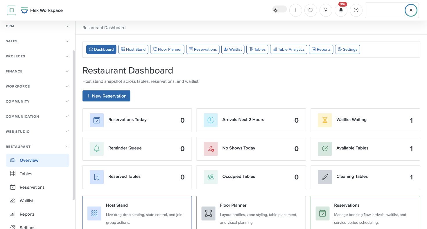 Batoi Flex Restaurant dashboard showing the Host Stand entry and current table status