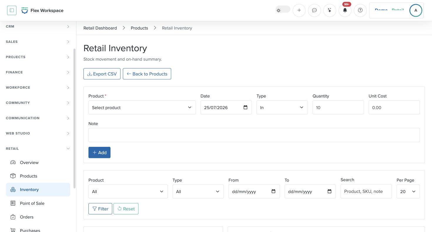 Batoi Flex Retail Inventory screen with stock, search, and adjustment controls