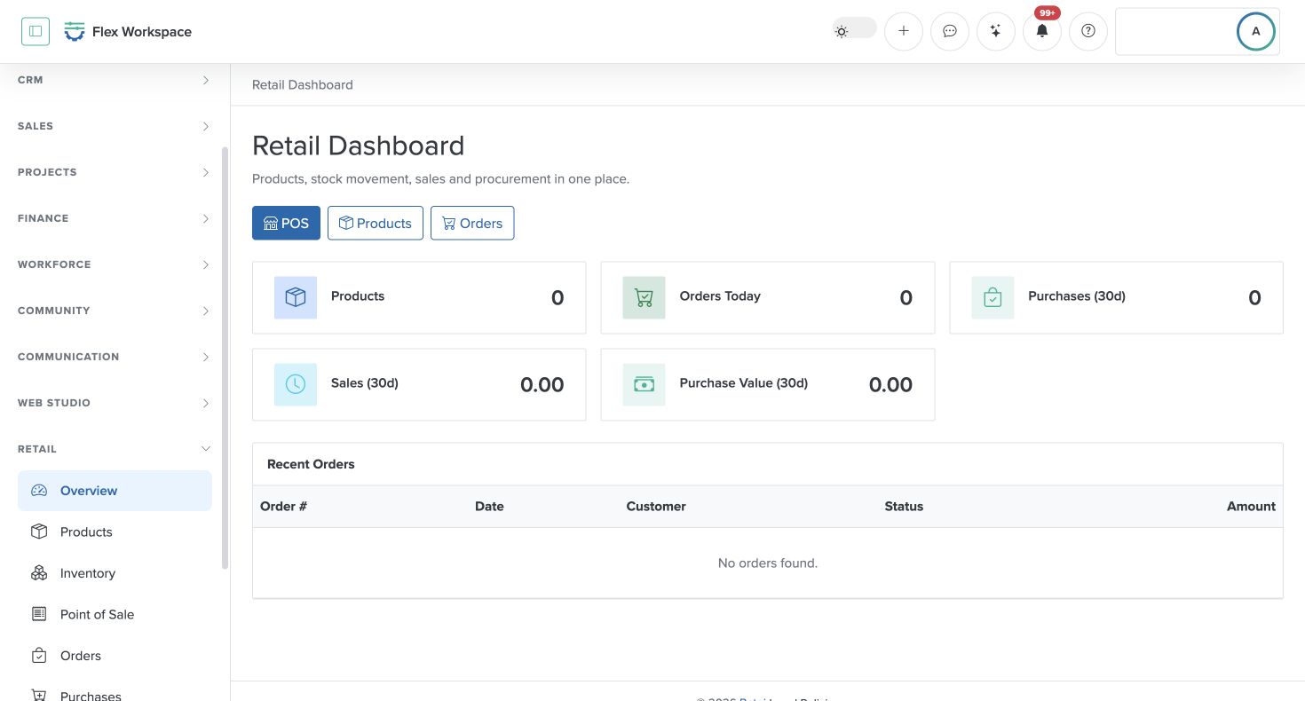 Batoi Flex Retail dashboard with product, order, purchase, sale, and recent-order status