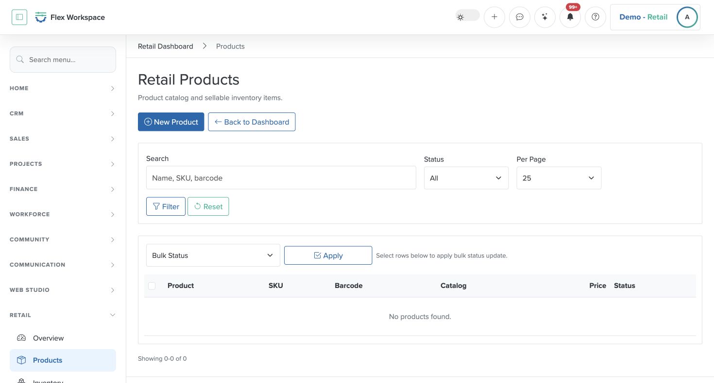 Batoi Flex Retail Products screen with product creation and catalogue controls