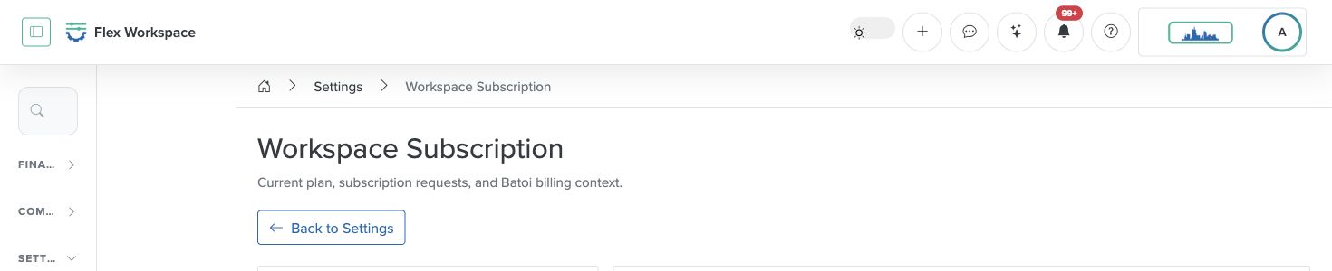 Batoi Flex Workspace Subscription screen shown when Salon booking access is unavailable