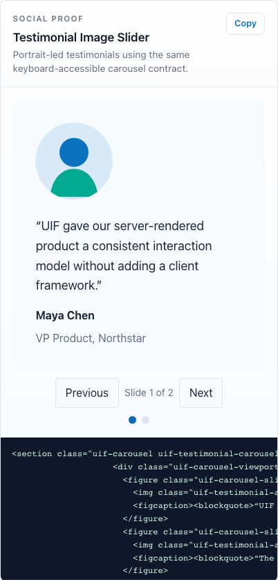 Mobile Batoi UIF testimonial carousel with portrait, quotation, and navigation controls