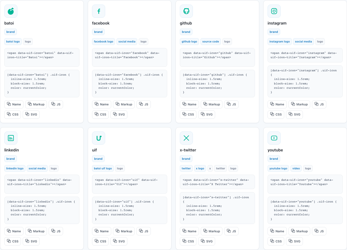 Batoi UIF icon gallery filtered to first-party social and brand icons