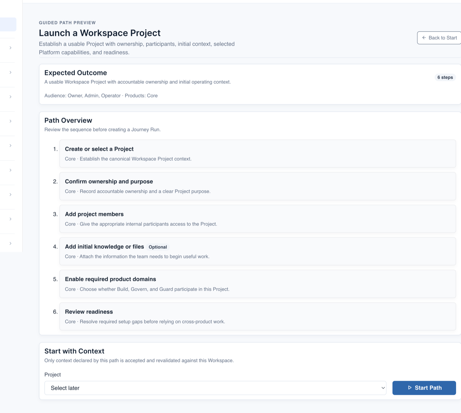 Guided Path preview showing the expected outcome, six ordered steps, Project context selector, and Start Path action