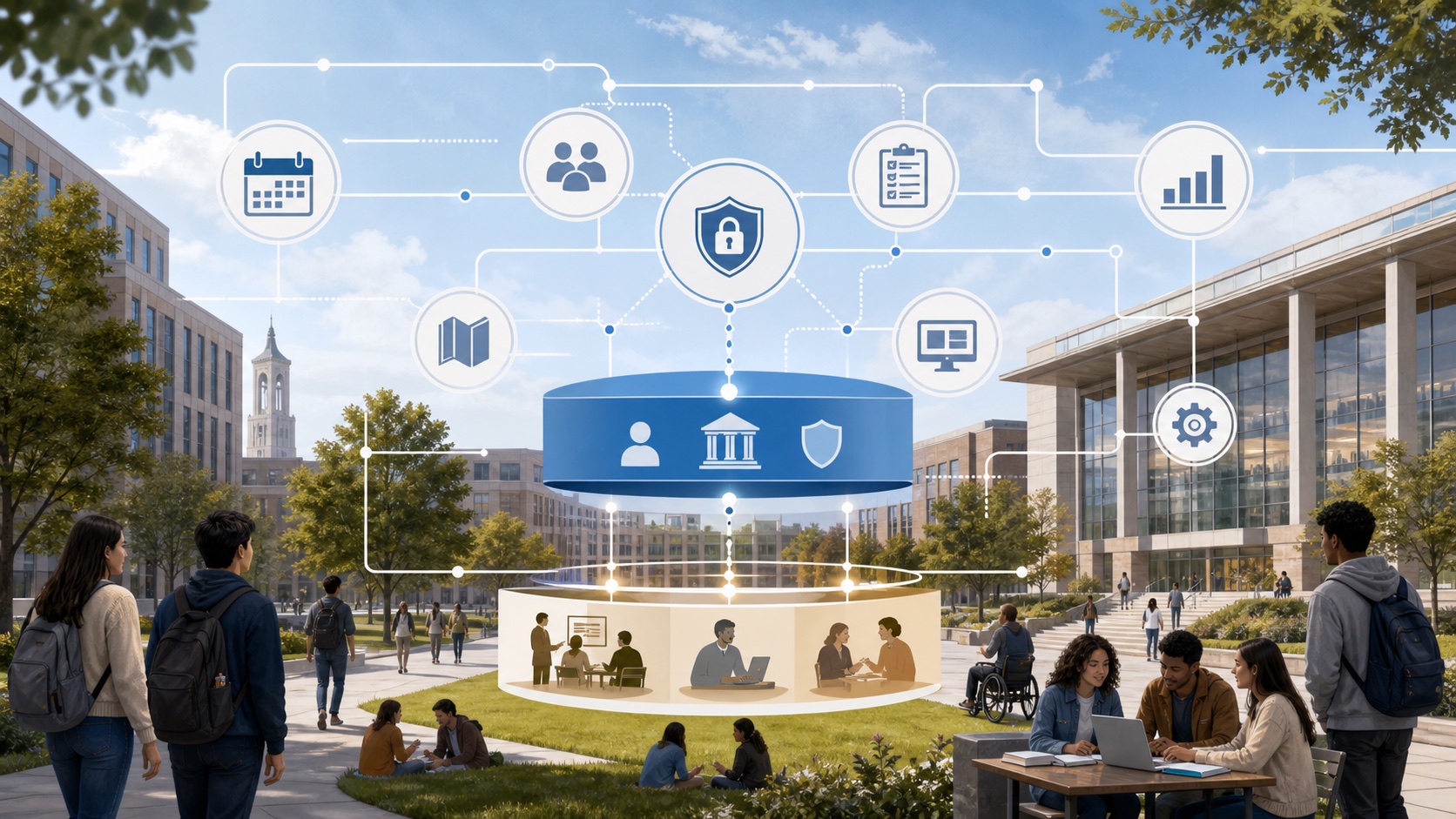 Illustration representing connected professional programmes, cohorts, facilitators, payments, and practical learning labs.