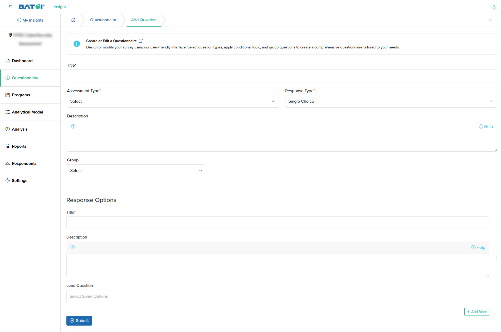Figure 2: Individual Insight Add Question Screen