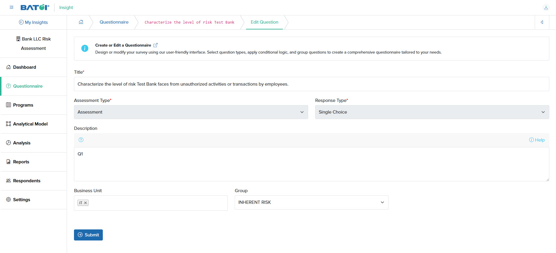 Figure 5: Individual Insight Edit
Question Screen