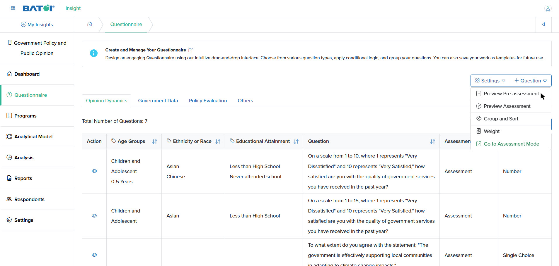 Figure 6: Individual Insight Preview
Question Screen