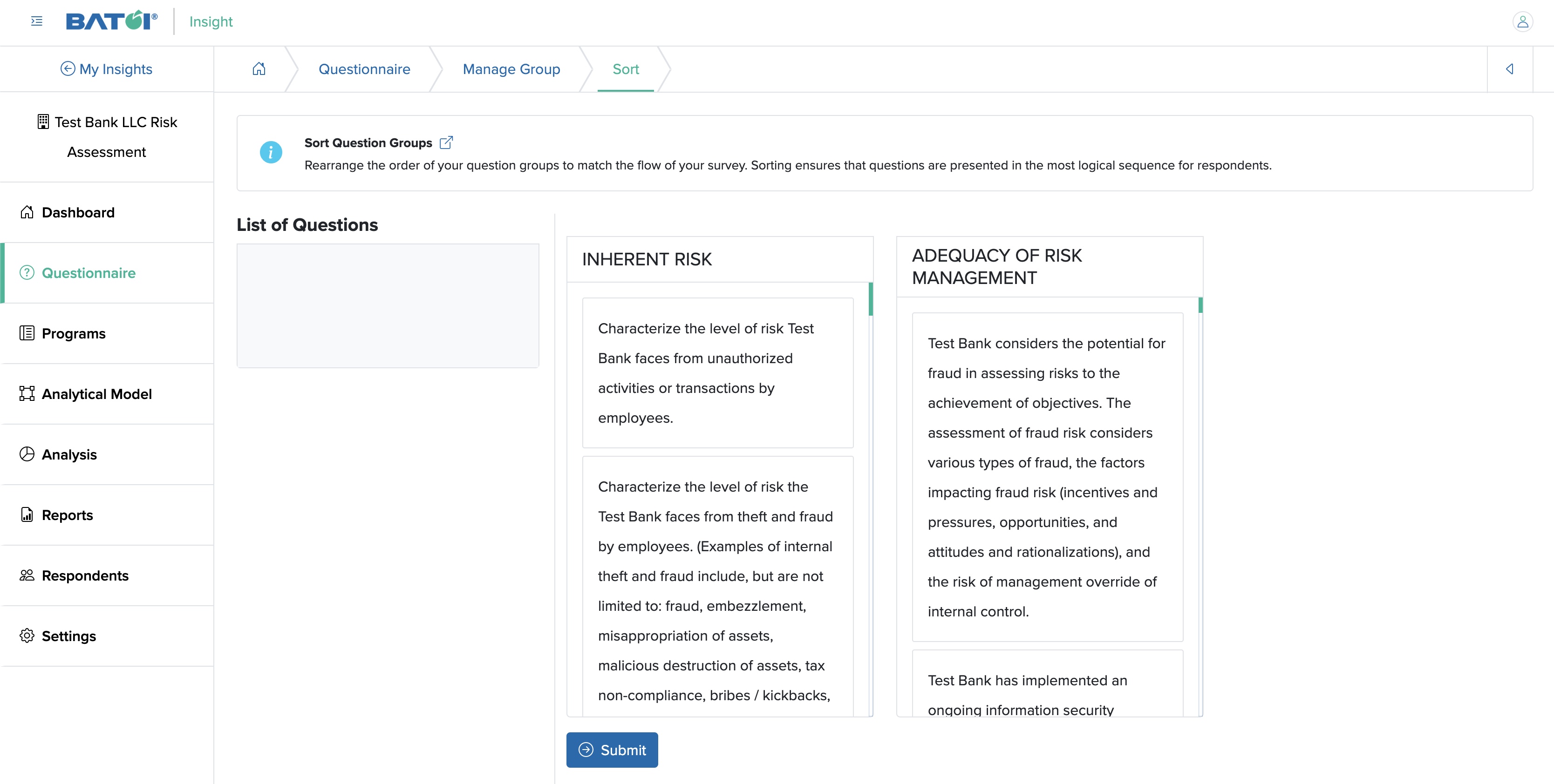 Figure 11: Individual Insight Questionnaire Sort Group Screen