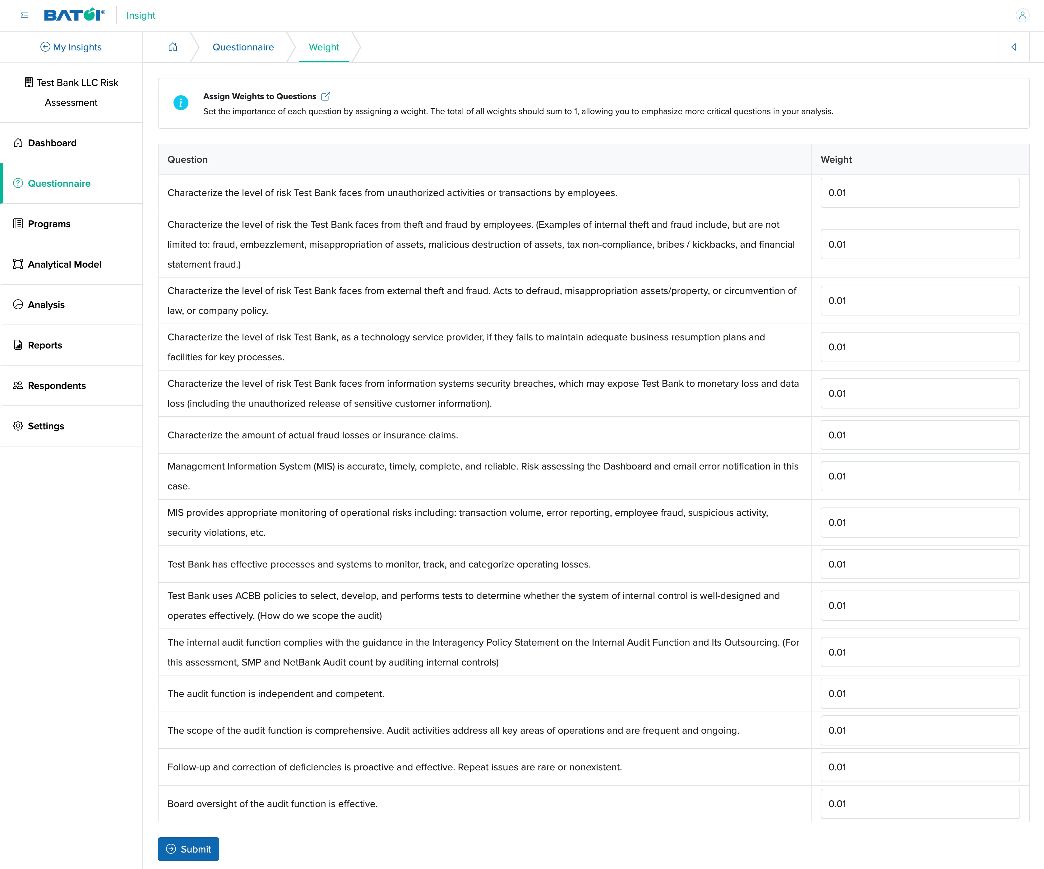 Figure 12: Individual Insight Questionnaire Add Weight Screen