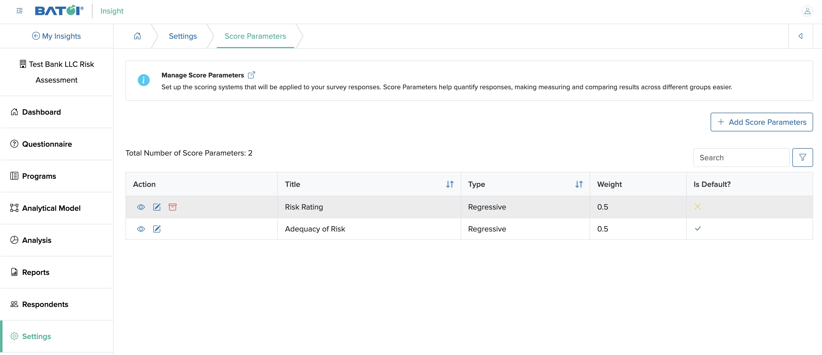 Figure 8: Individual Insight Score Parameter Settings View Screen