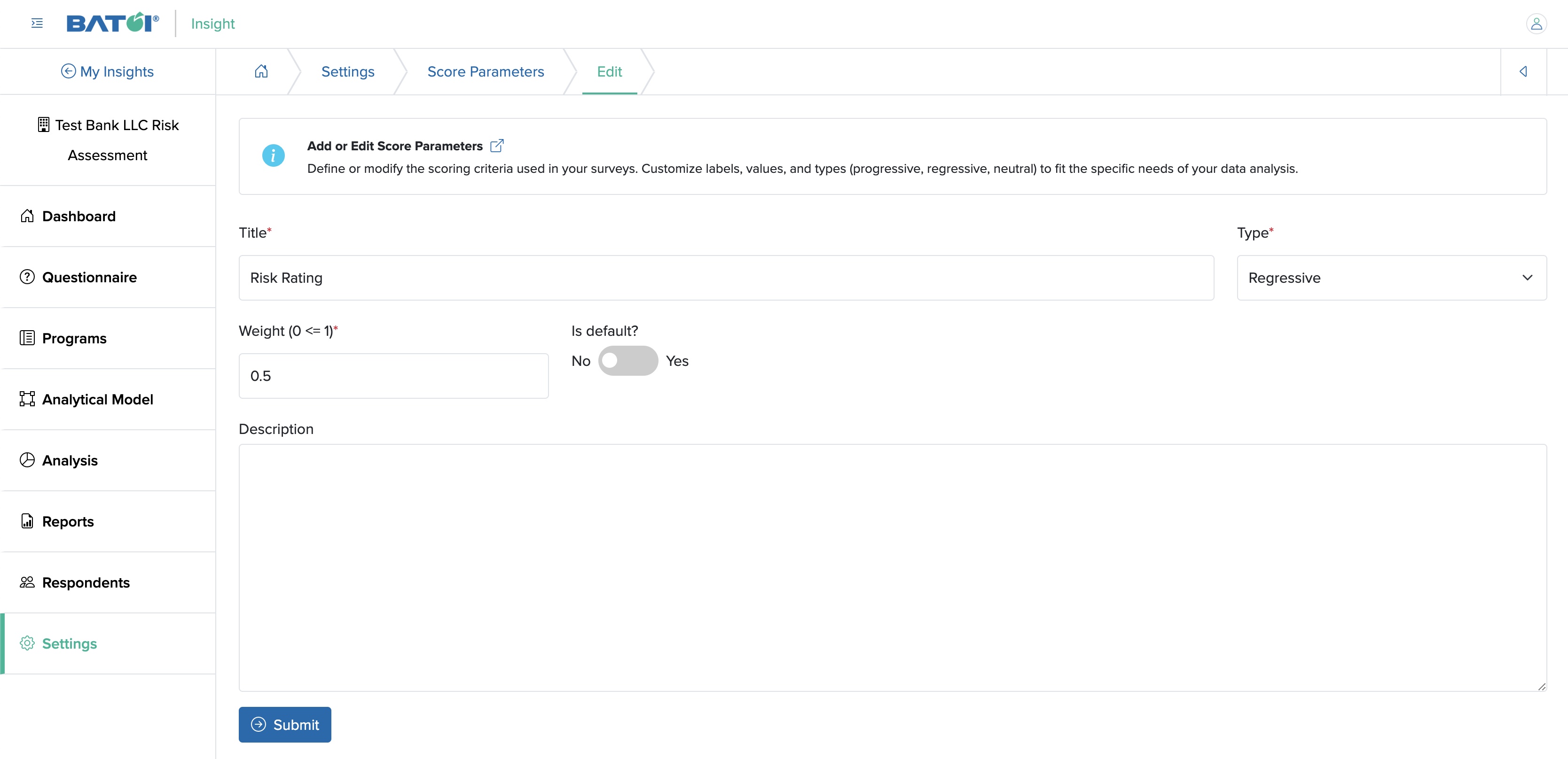 Figure 10: Individual Insight Edit Score Parameter Settings Screen