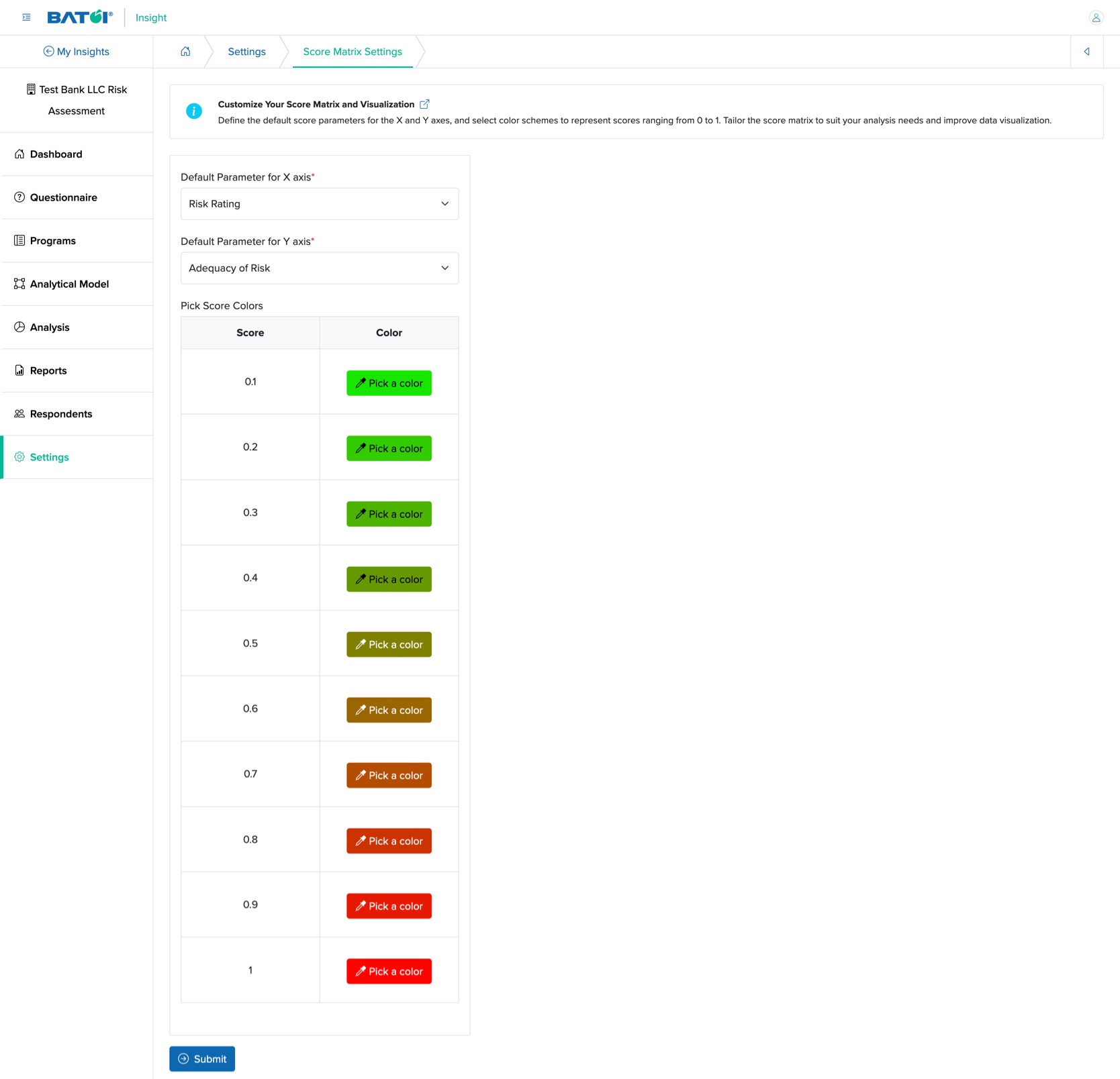 Figure 13: Individual Insight Score Matrix Setting Screen