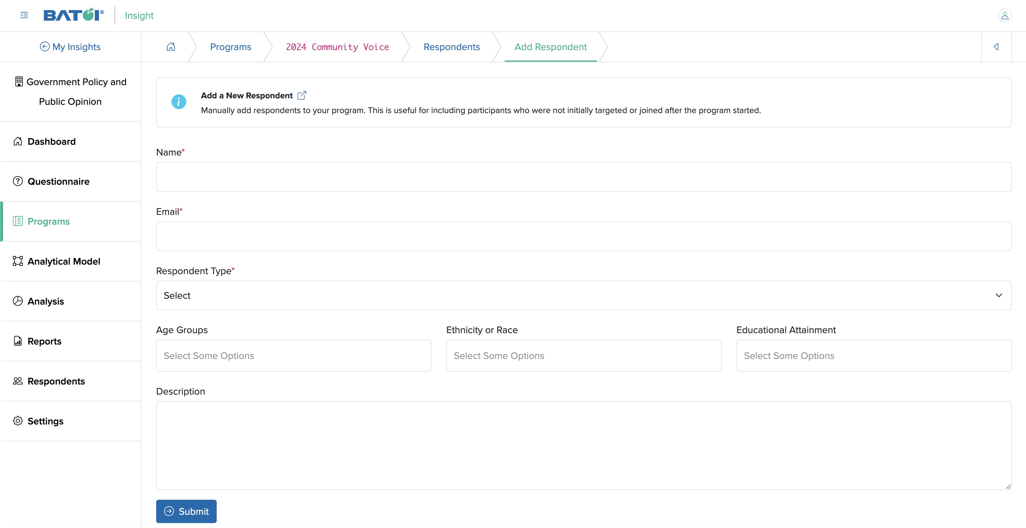 Figure 8: Individual Insight Add Respondent Screen