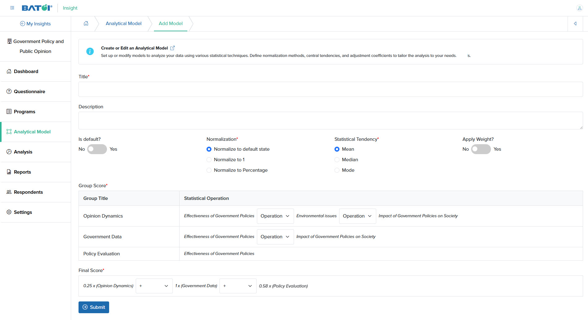 Figure 2: Individual Insight Add Analytical Model Screen