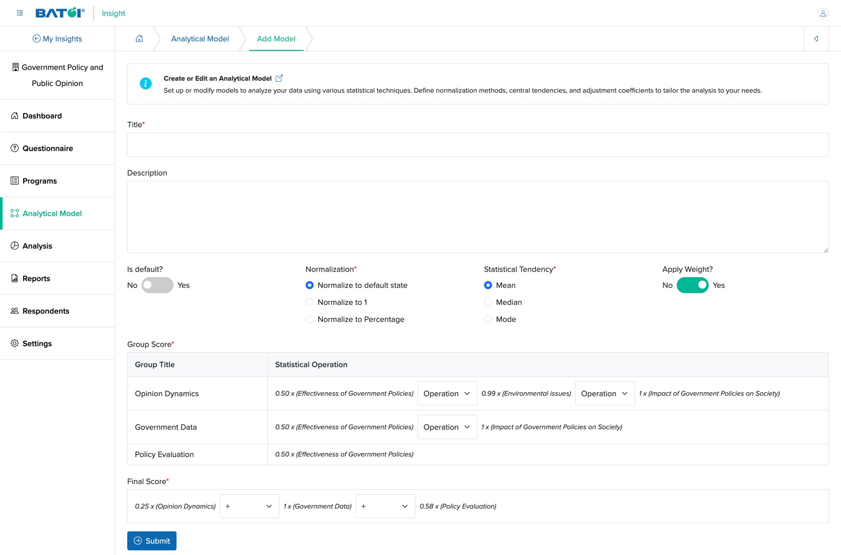 Figure 4: Individual Insight Add Analytical Model with Multiple Score Parameter Screen