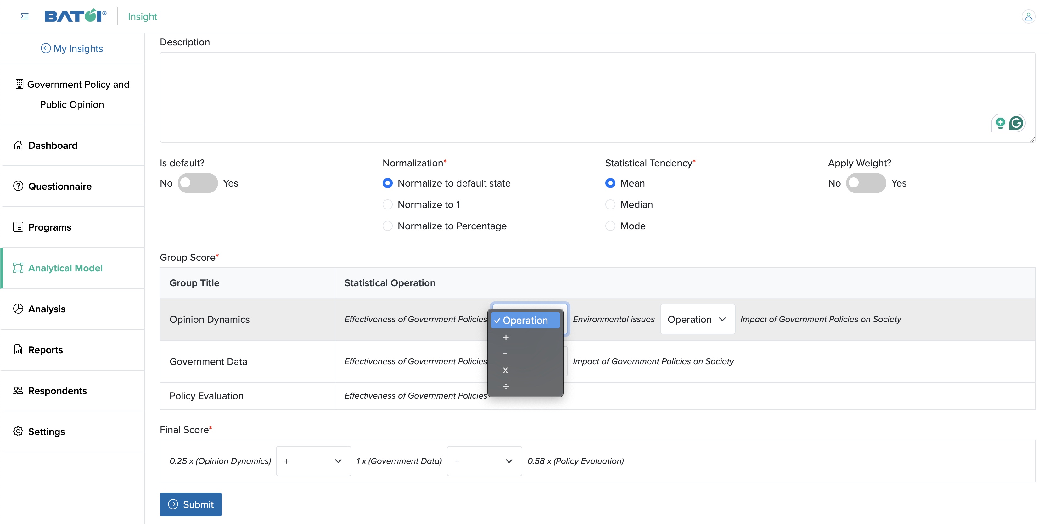 Figure 5: Individual Insight Add Analytical Model with Multiple Score Parameter with Operator Selection Dropmenu