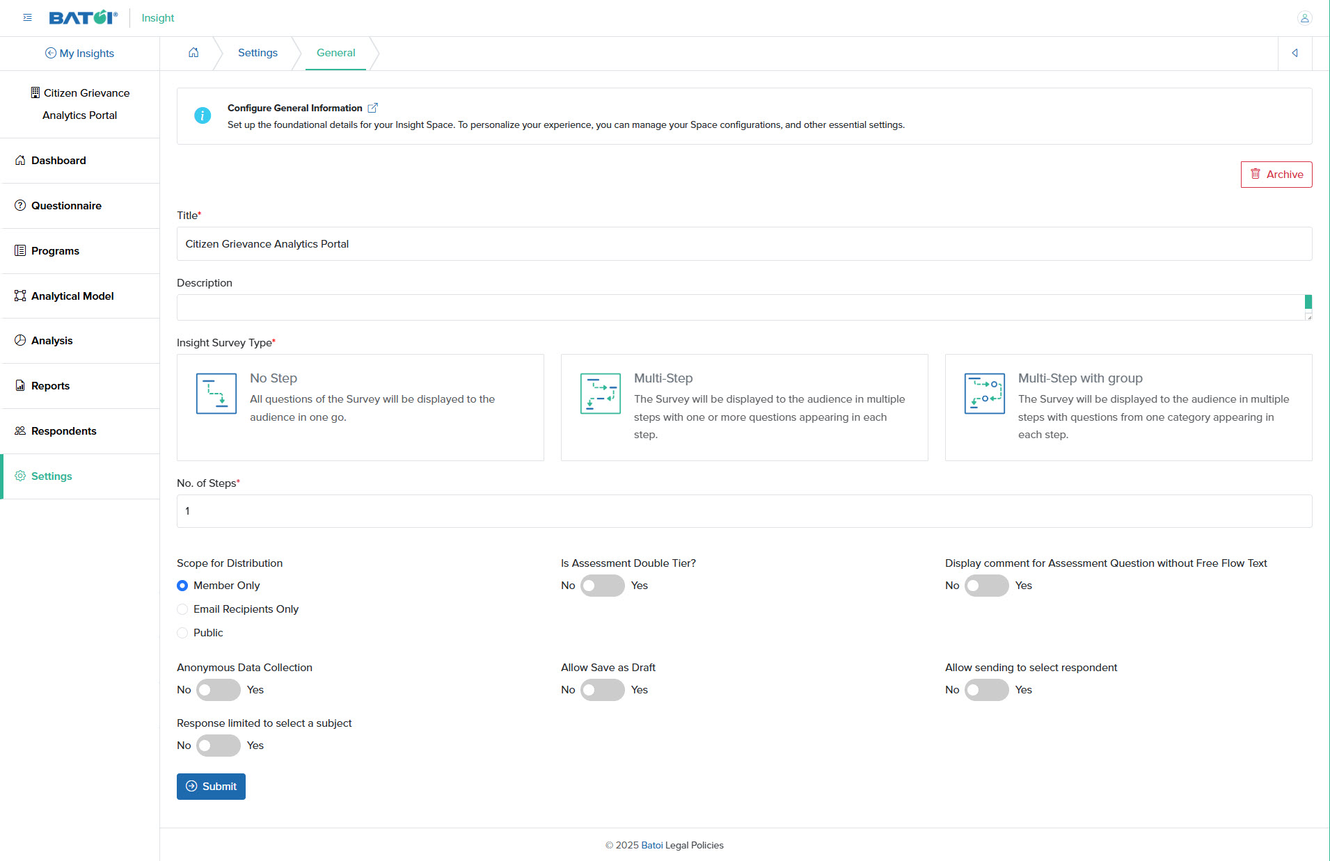 Figure 3: Individual Insight General Settings Screen