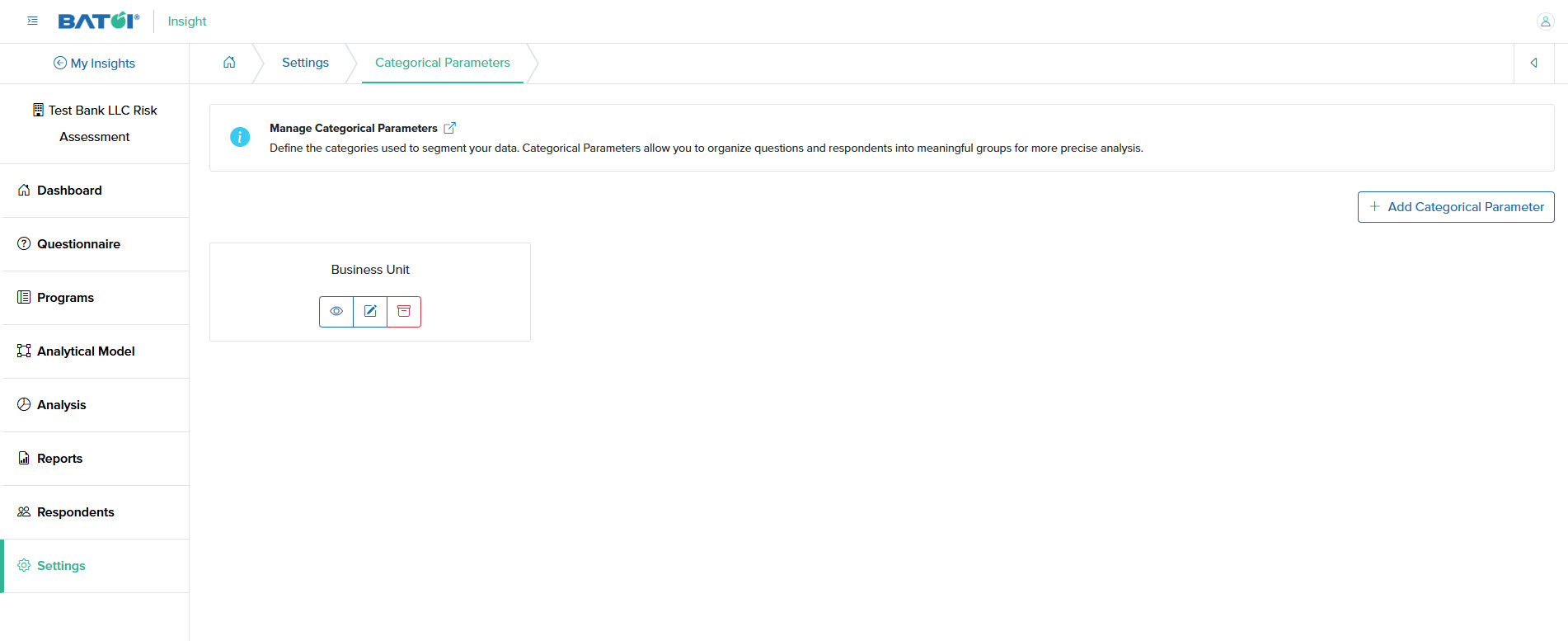 Figure 6: Individual Insight Categorical Parameter Settings List Screen