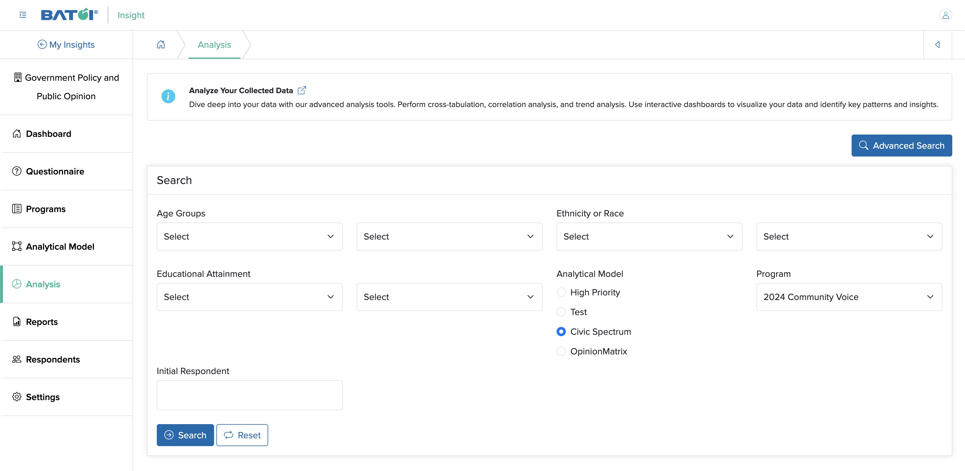 Figure 2: Individual Insight Analysis Dashboard Screen with Advanced Search Box