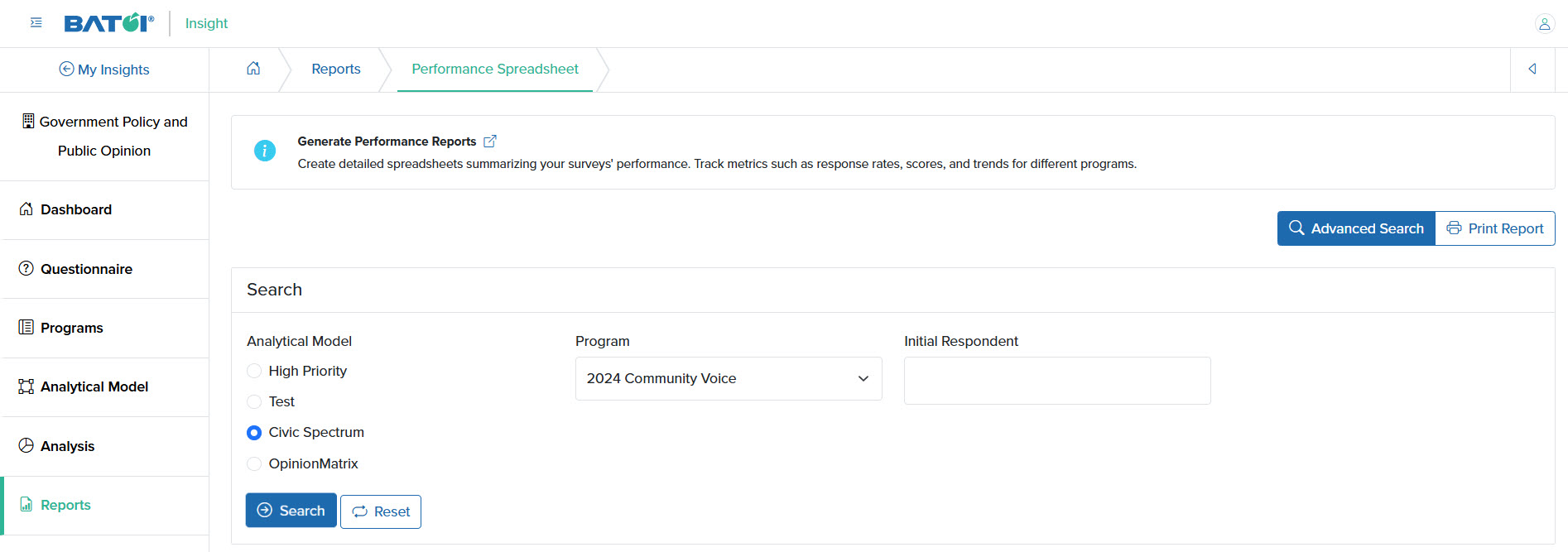 Figure 3: Individual Insight Performance Spreadsheet Advanced Search Screen