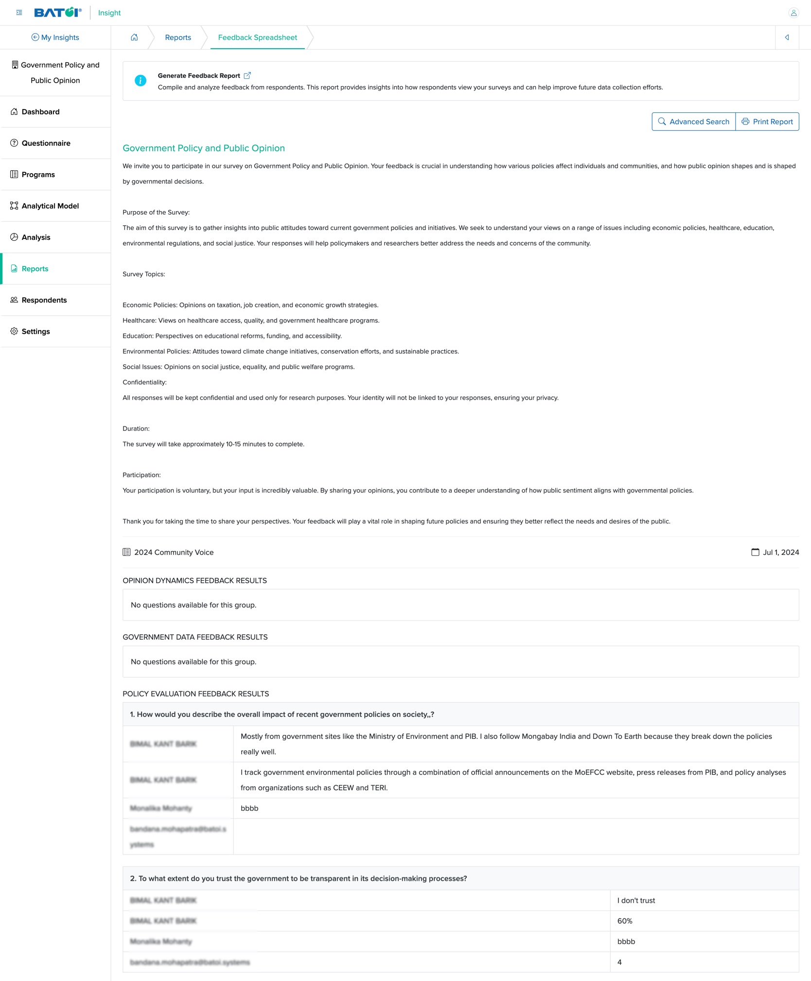 Figure 4: Individual Insight Feedback Spreadsheet Report Details Screen