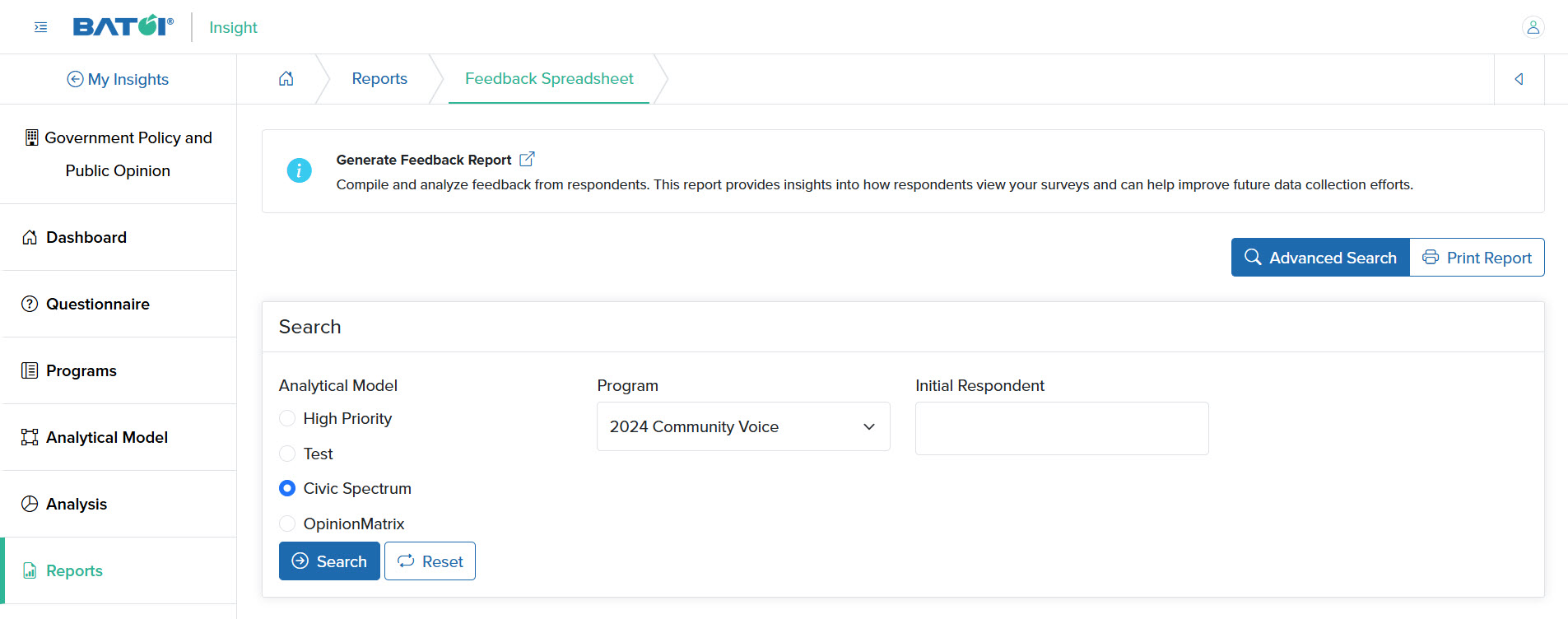 Figure 5: Individual Insight Feedback Spreadsheet Advanced Search Screen