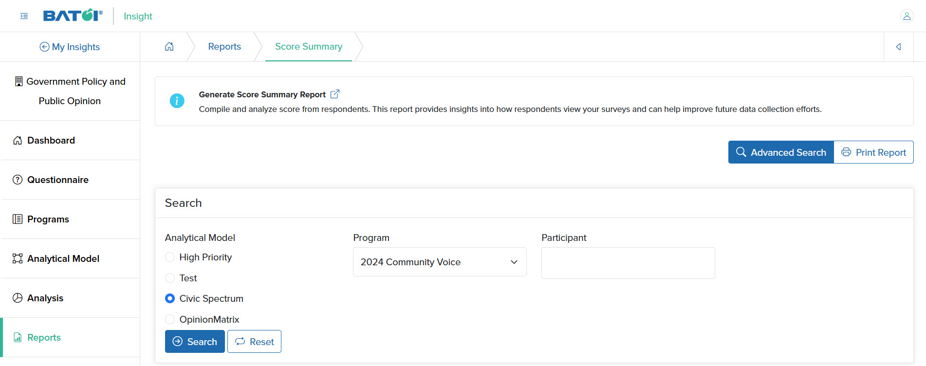 Figure 7: Individual Insight Score Summary Advanced Search Screen