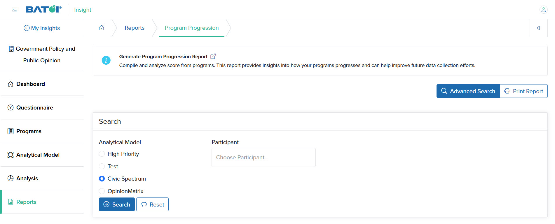 Figure 11: Individual Insight Program Progression Advanced Search Screen