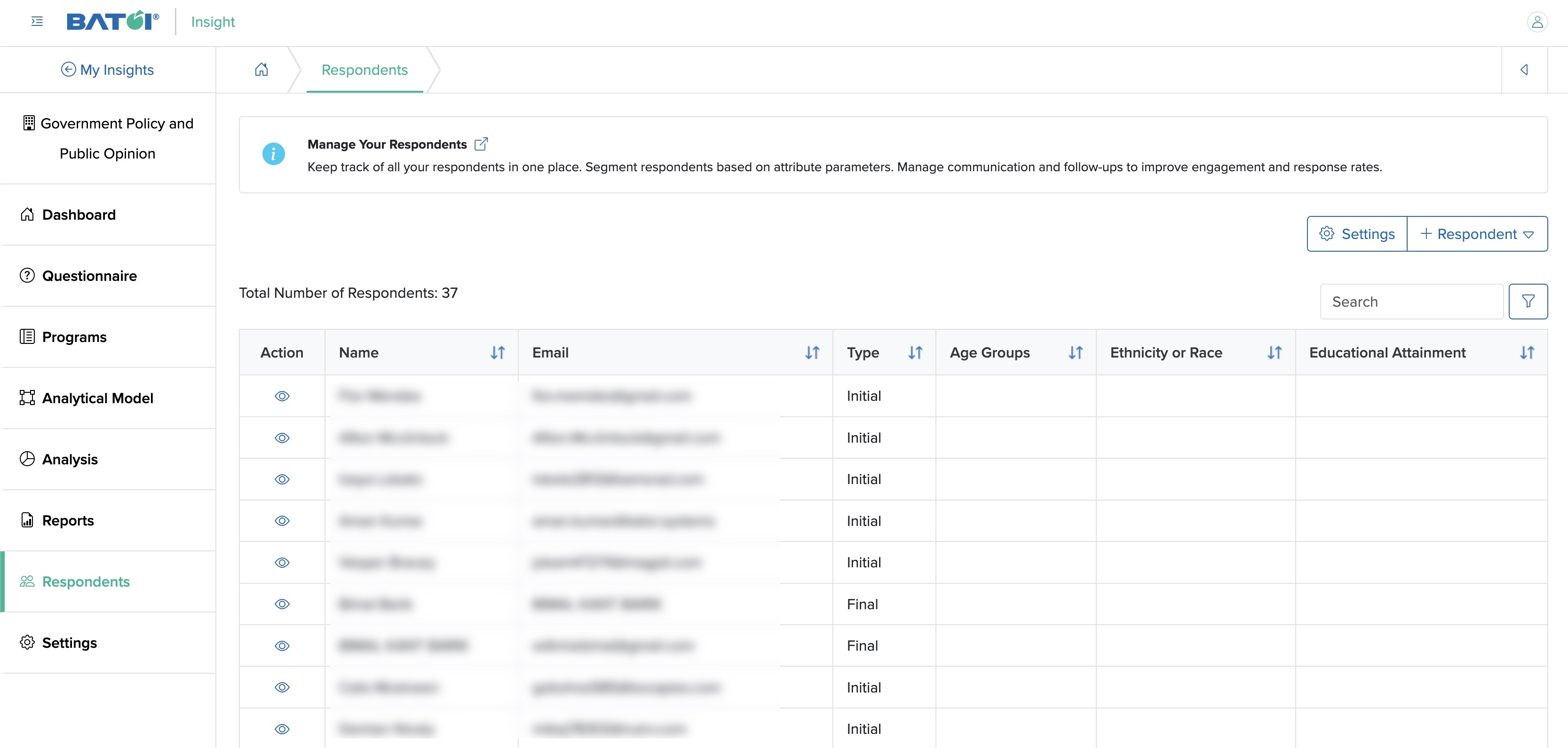 Figure 1: Individual Insight Respondents List Page Screen