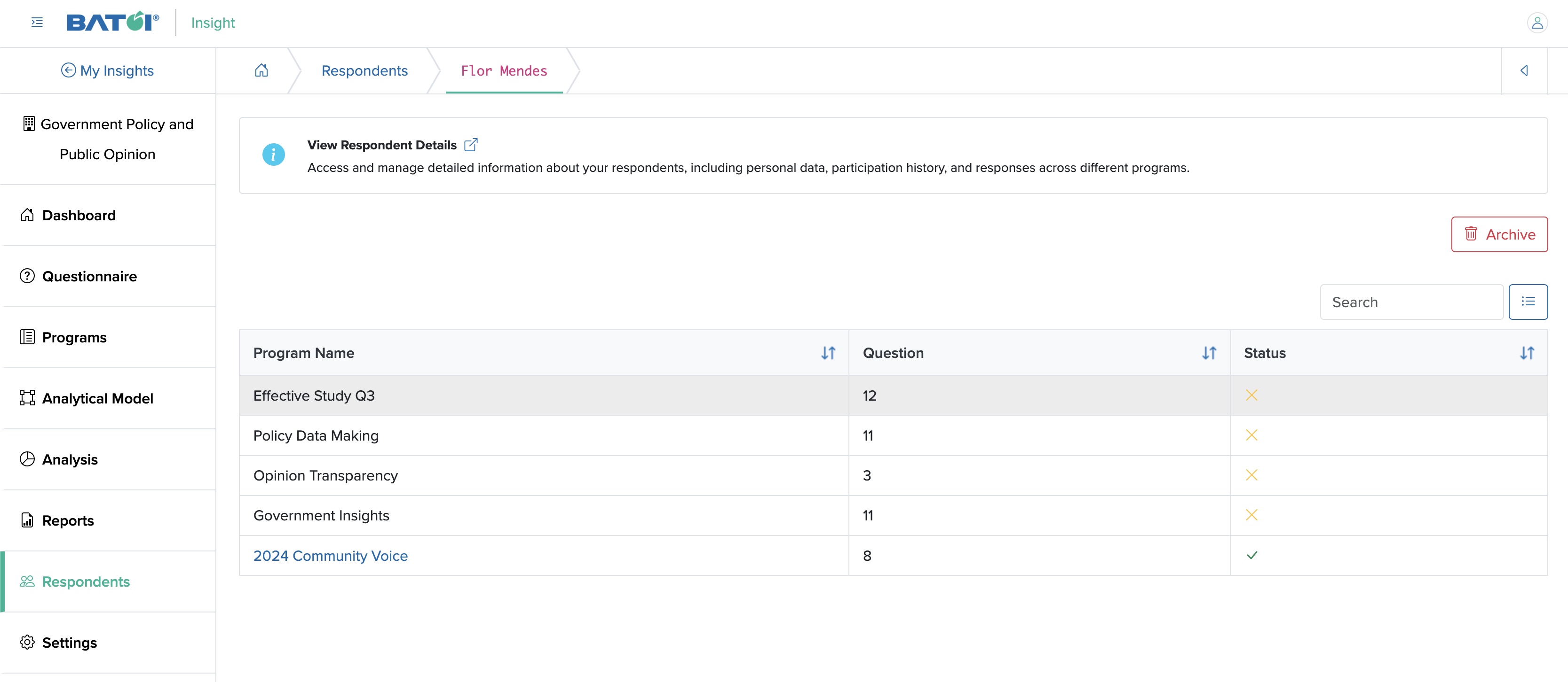 Figure 3: Individual Insight Respondents View List Screen