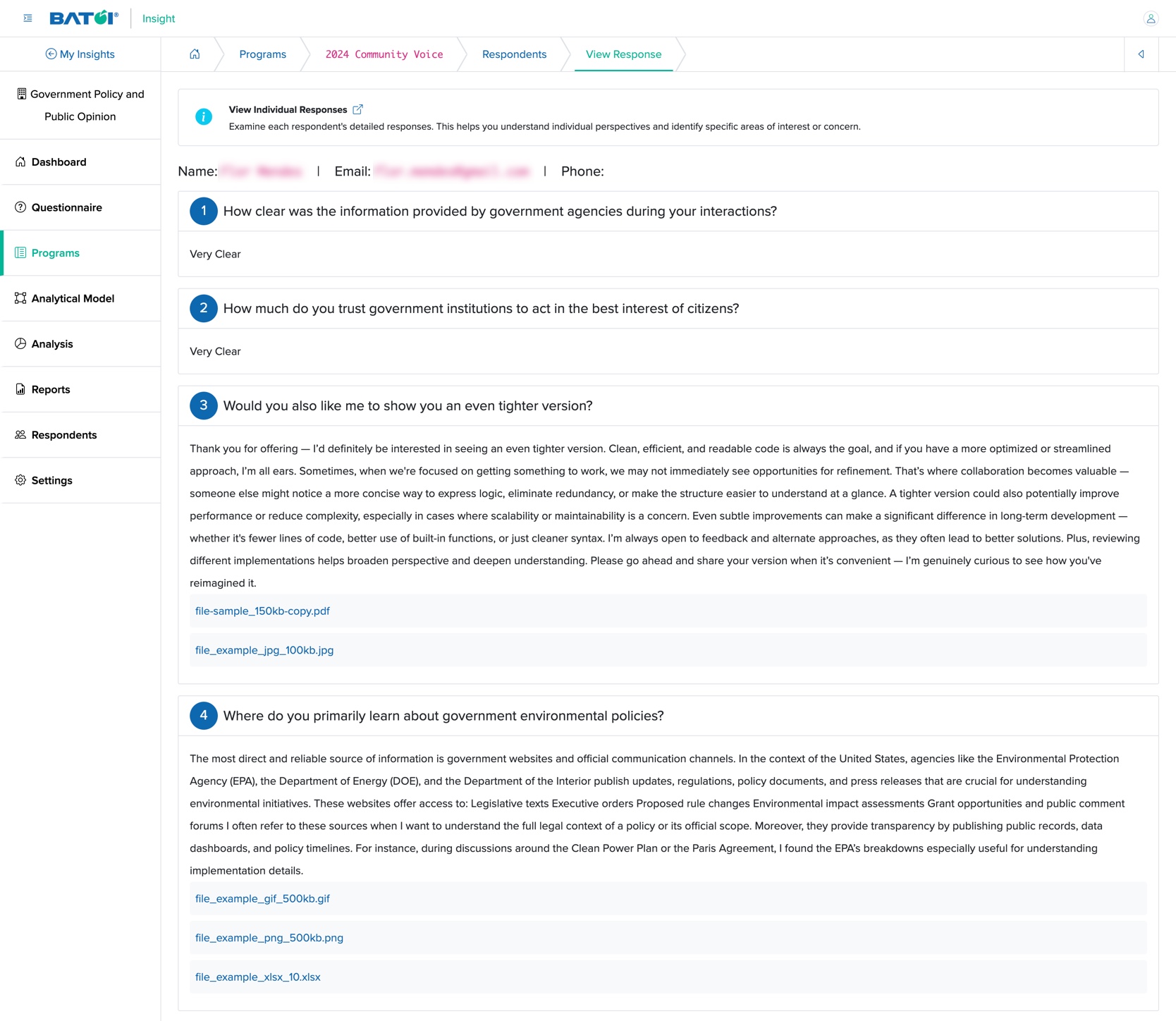Figure 4: Individual Insight Respondents' Response Detail Screen
