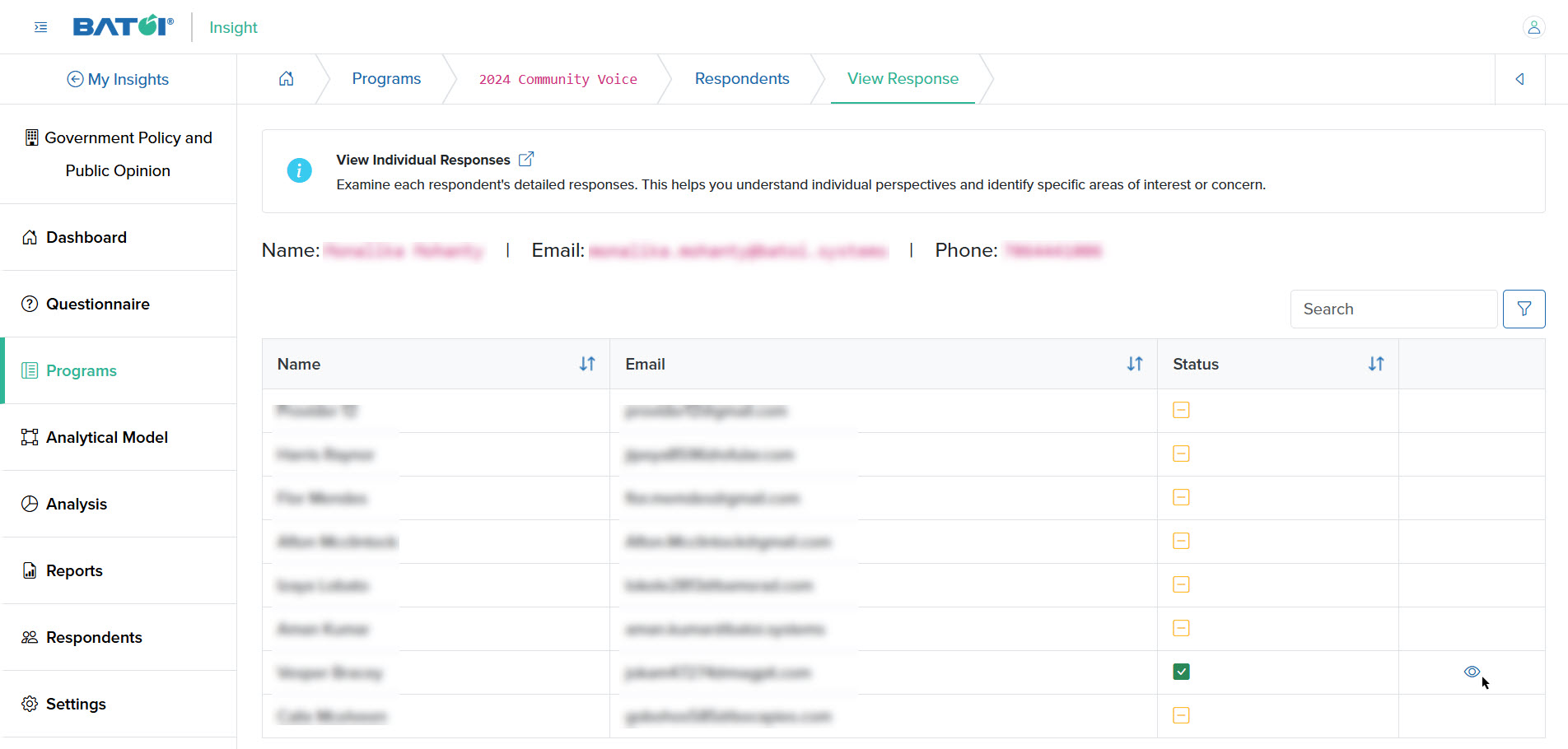 Figure 5: Individual Insight Respondents' Response List Screen for Double Tier Program' Response Detail Screen