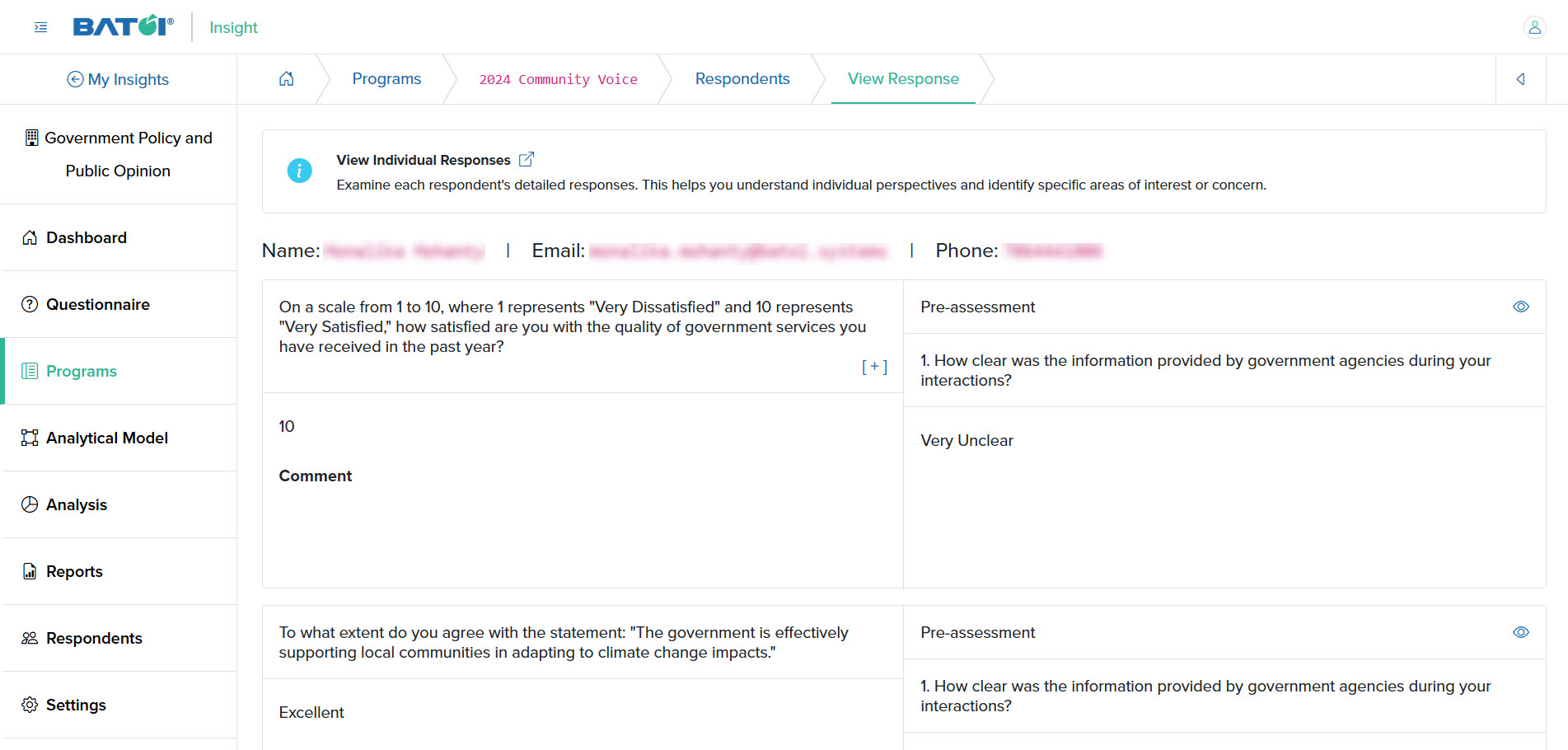 Figure 6: Individual Insight Respondents' Response View Screen for Double Tier Program