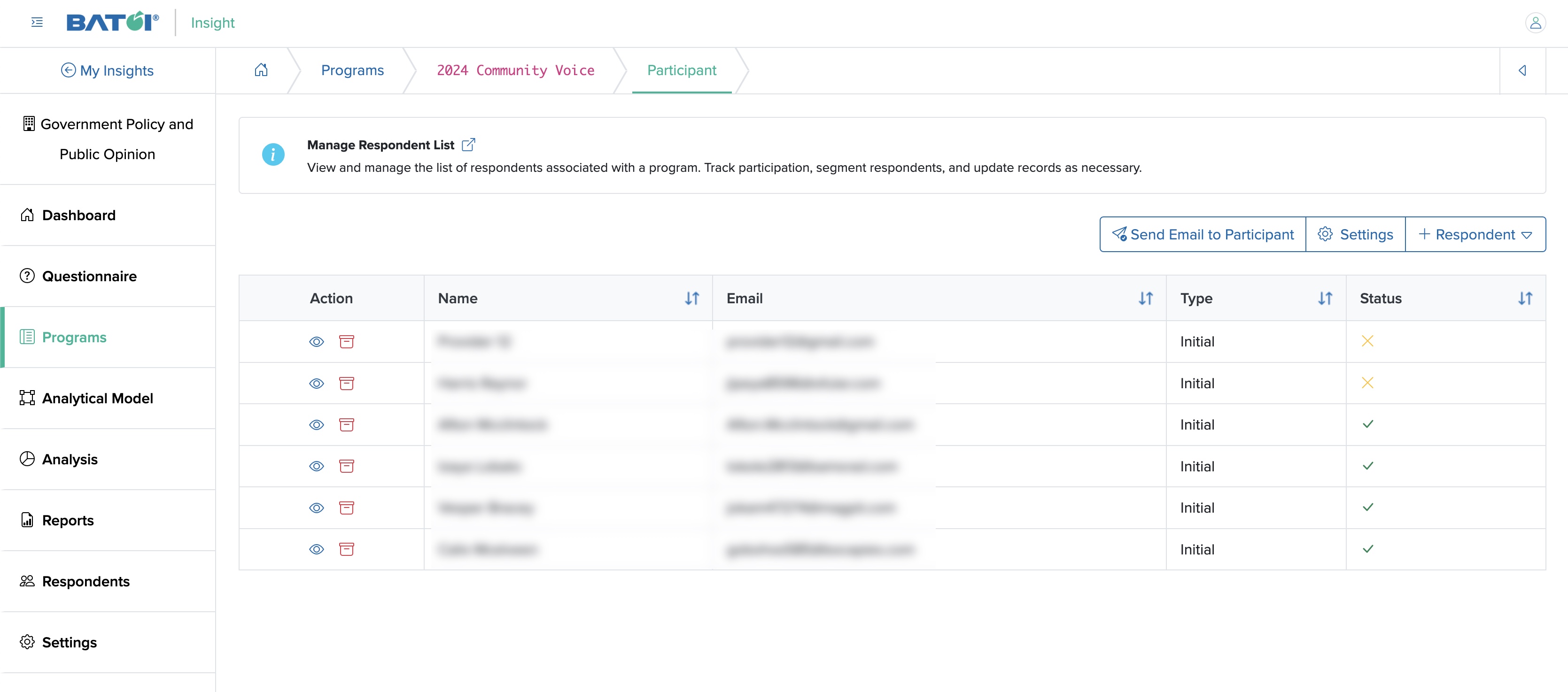 Figure 9: Individual Program Manage Respondent List Screen